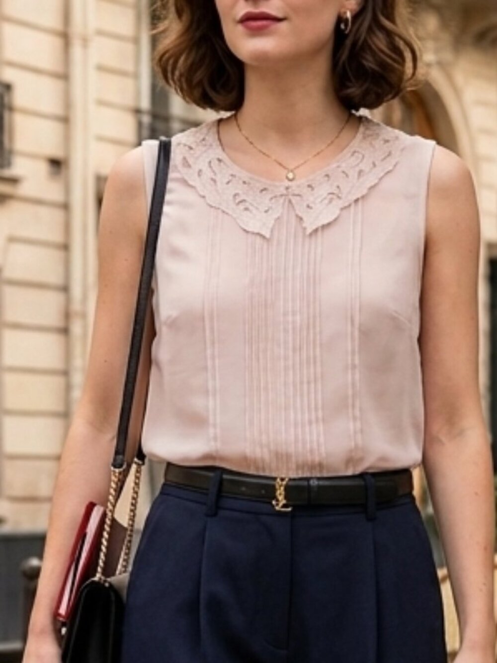Long Tall Sally Cream Sleeveless Delicate Pintuck Blouse with Lace Collar, US 8